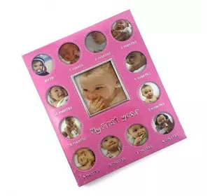 Фоторамка на 13 фото "Альбом новонародженого" рожева (фото 8,5х9 см 5х5 см) (30х25х1,5 см)