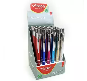 Ручка автомат масло Vinson "Premier" 0,7 мм, синя, металевих сіт. корпус, mix, 36шт/етик.