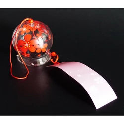 Японський скляний дзвіночок Фурін зі спідничкою 6,5*6,5*7 см. Висота 40 см. Червоні квіти
