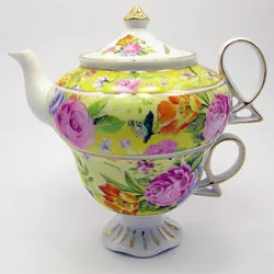 Сервіз фарфор (3TA1073-4) 1 чайник + 1 чашка "Квіти на жовтому тлі" (190 мл)(12 шт. в ящ.)