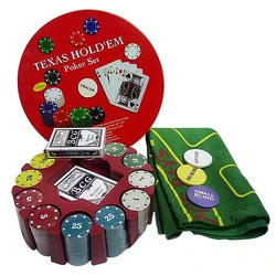 Покерний набір на 240 фішок з номіналом в круглій металевій упаковці №240T