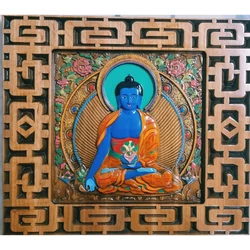 Панно "Будда медицини", дерев'яне, різьблене, в рамці (40×45×2,2 см), вкрите патиною, лаком, емалями.