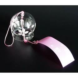 Японський скляний дзвіночок Фурін зі спідничкою 6,5*6,5*7 см. Висота 40 см. Рожеві квіти