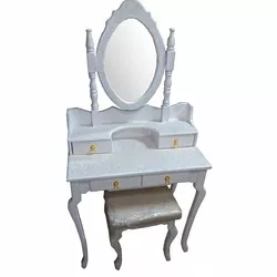 Столик туалетный белый, с кружевами,с зеркалом и пуфом, массив дерева (145 х 40 х 75 см.)
