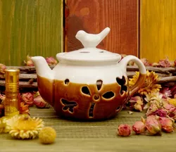 Аромалампа керамічна "Чайник із пташкою" Білий + коричневий