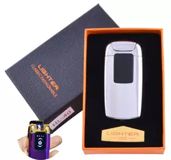 Електроімпульсна запальничка в подарунковій упаковці Lighter (Подвійна блискавка, USB) №HL-40 Silver