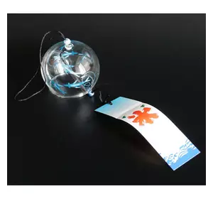 Японський скляний дзвіночок Фурін малий 7*7*6 см. Висота 40 см. Сині рибки