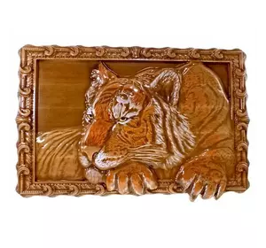 Панно "Тигр" (43 × 28 × 2,4 см) з натурального дерева, різьблене, розписано вручну, покрито патиною