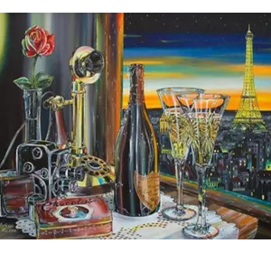 Розмальовка по номерах 30 * 40см "Шампанське з видом на Париж" OPP (полотно на рамі фарби. Кисті.