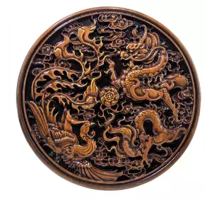 Панно дерев'яне "Дракон і фенікс", різьблене, розписане вручну (вільха) (d-26,5 см)