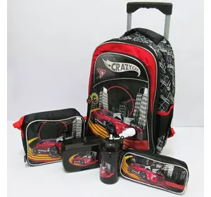 Набір: чемодан-дитячий рюкзак на 2 колесах+сумка+пенал+ланчбокс+пляшка "Машина"