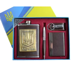 Подарунковий набір з Українською символікою "Moongrass" 4в1 Фляга, Брелок, Ручка, Візитниця DJH-1092