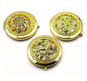 Дзеркальце косметичне "Візерунок з камінням" золото (d-7 см) (в коробці + чохол)