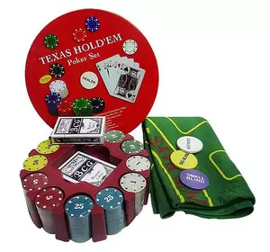 Покерний набір на 240 фішок з номіналом в круглій металевій упаковці №240T