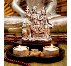 Шива Парвати Ганеш + подсвечник в серебряном цвете
