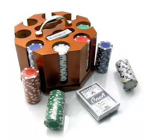 Покерный набор в деревянной подставке (200 фишек,2 колоды карт) (25х22х18 см)