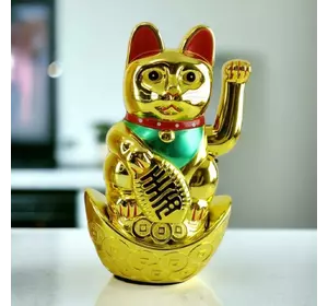 Кішка Манекі-неко махає лапою на чаші багатства (21х 12,7х 9 см)