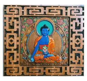 Панно "Будда медицини", дерев'яне, різьблене, в рамці (40×45×2,2 см), вкрите патиною, лаком, емалями.