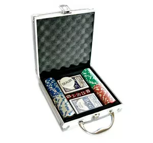Покерный набор в алюминиевом кейсе (2 колоды+100 фишек)(23х20,5х6см)(вес фишки 4 гр. d-33мм)