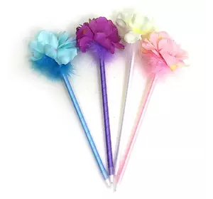 Ручка кулькова синя з пухом"Квіти" mix