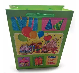 Пакет подарунковий картонний з аплікацією "Happy Birthday" (18х23х8 см)