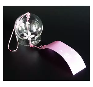 Японський скляний дзвіночок Фурін зі спідничкою 6,5*6,5*7 см. Висота 40 см. Рожеві квіти
