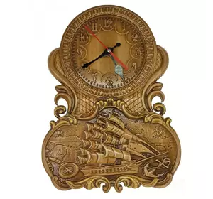 Панно дерев'яне, різьблене "Годинник з вітрильником", (40*29*2,2), ручний розпис емалями, вкрите патиною
