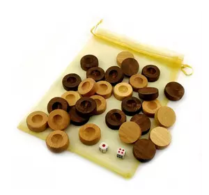 Фішки для нард із мішечком (д-28 мм, вис-10 мм) кубики в комплекті, колір натуральне дерево та коричневі.