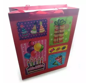 Пакет подарунковий картонний з аплікацією "Happy Birthday" (30х38х12 см)