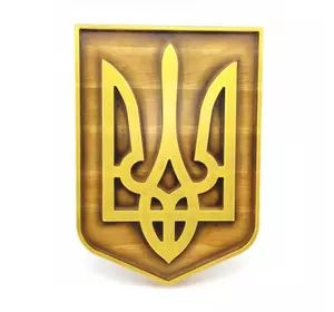 Панно "Герб України" (29 * 20,5 * 2,4 см), з натурального дерева, різьблене, покрито патиною, лаком, емаллю-золот