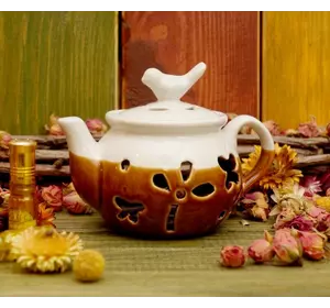 Аромалампа керамічна "Чайник із пташкою" Білий + коричневий