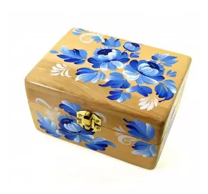 Шкатулка "Сині квіти", дерев'яна, ручний розпис (16×10×8 см)