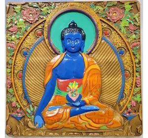 Панно "Будда медицини" (29*29*2,3 см), масив вільхи, різьблене, лак, емалі.